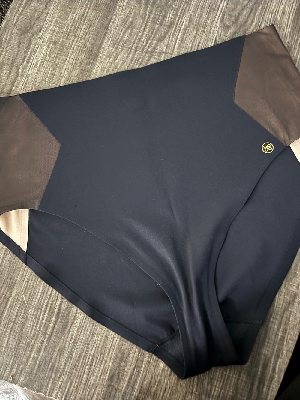 Honeylove Navy High-Rise Swim Briefs with Taupe Panels